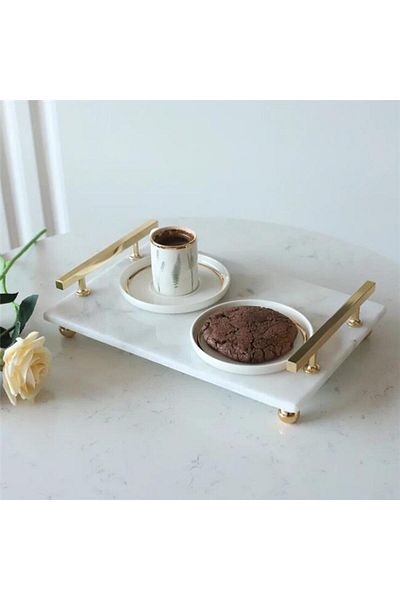 Akayev 30x19 Cm Florya Marble White Gold Bead Tray - Engagement Promise and Cheese Plate