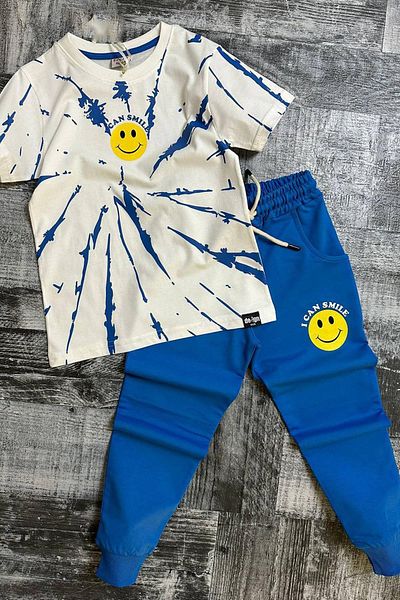 Riccotarz Boy's Smile Emoji Printed Blue Tracksuit Set