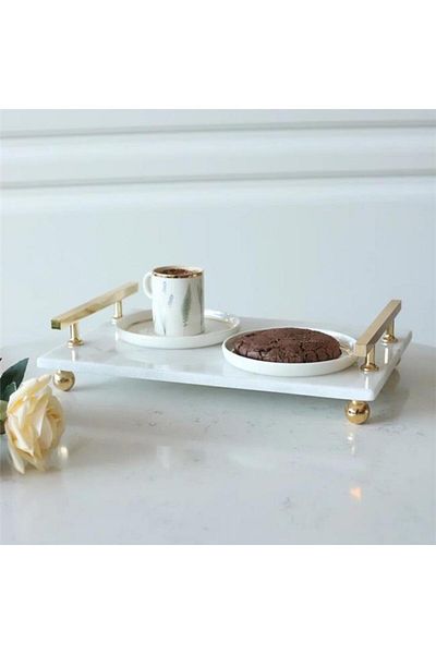 Akayev 30x19 Cm Florya Marble White Gold Bead Tray - Engagement Promise and Cheese Plate