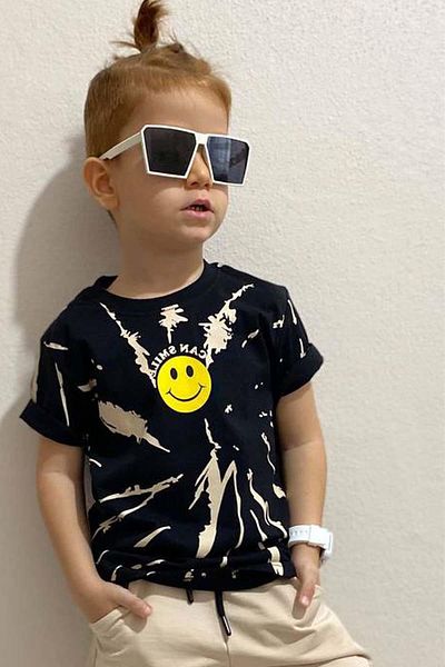 Riccotarz Boy's Smile Emoji Printed Cream Tracksuit Set