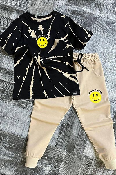 Riccotarz Boy's Smile Emoji Printed Cream Tracksuit Set