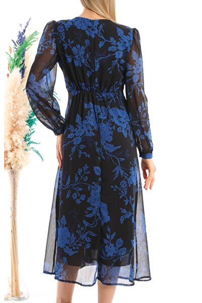 Miss Allos Γυναικείο φόρεμα με λουλούδια σε μπλε και μαύρο χρώμα με τύπωμα με λαιμόκοψη σε σχήμα V
