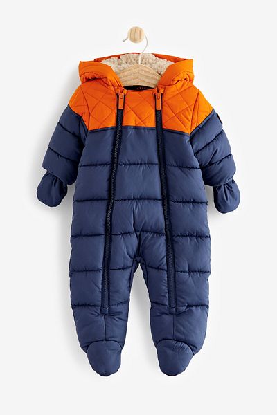 Next Baby Fatface Navy Blue Orange Full Fleece Lined Snow Jumpsuit