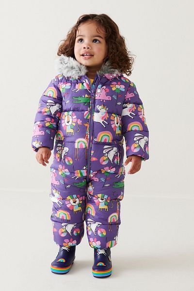 Next Baby Purple Unicorn Patterned Full Fleece Lined Snow Jumpsuit