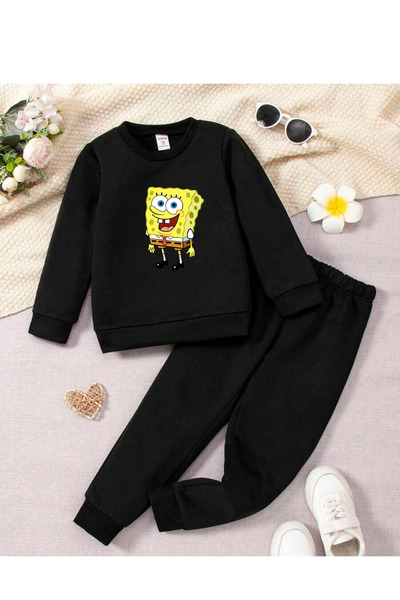 Pueri & Wins SPONGE BOB Printed Black Crew Neck Girl/Boy's Tracksuit Set