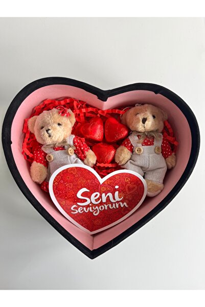 Hatice Ayıcıklı Çikolatalı Hediye Kutusu Kalpli Kutu Sevgililer Günü Hediyesi