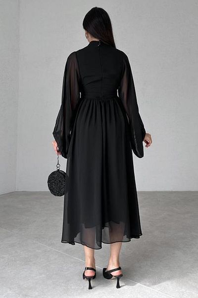lovebox Lined Chiffon Fabric Stand Collar Long Sleeve Midi Length Flared Cut Black Evening Dress 078