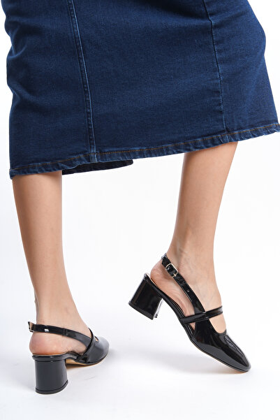 en7 Black Patent Leather Women's Open Back Belt Buckle Detailed Comfortable 5 cm Classic Heeled Shoes DRK020