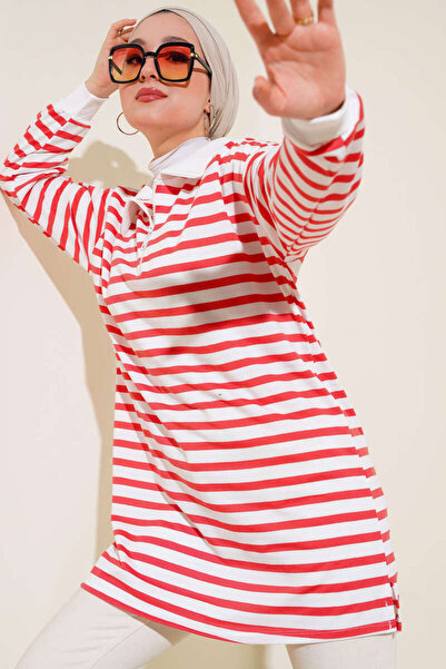 VOLT CLOTHİNG Női csíkos galléros cipzáras tunika