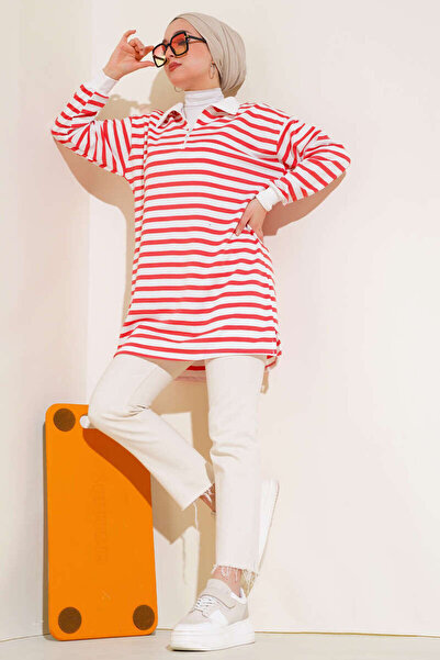 VOLT CLOTHİNG Női csíkos galléros cipzáras tunika