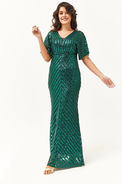 Ebsumu Kadın Büyük Beden Pul Payet Desenli Uzun Yeşil Abiye & Davet Elbisesi