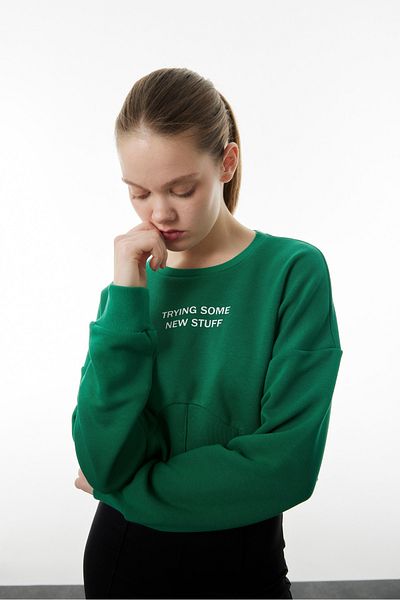 Mood Lab Crop Slogan Printed Sweatshirt with Waist Corset Detail