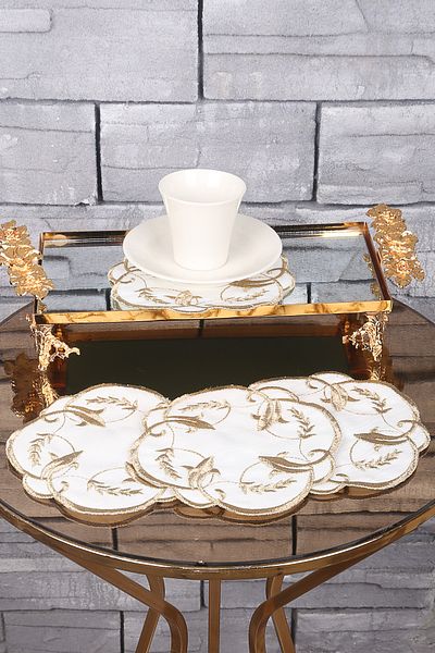 Teksev Ivy Gold In Tesătură de in 6 bucăți cafea laterală Cocktail de prezentare Suport de prezentare brodat pentru șervețele