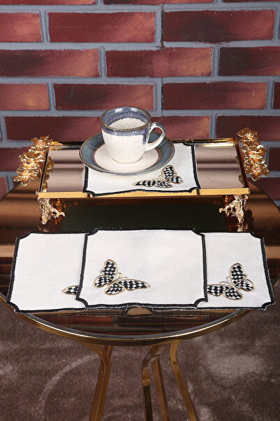 Teksev Kelebek Siyah Linen Keten Kumaş 6'lı Kahve Yanı Kokteyl Sunum Peçete N...