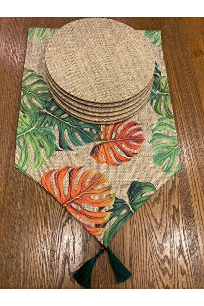 HALFART Devetabanı Desenli Duck Keten Runner ve 6 Adet Jüt Supla Seti