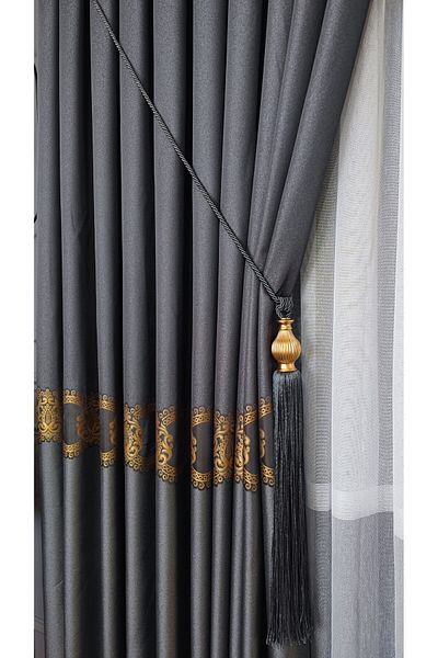 Yuka Panel Background Curtain Dark Gray and Gold Striped Single Wing Close Pleated Jacquard Modern Patterned