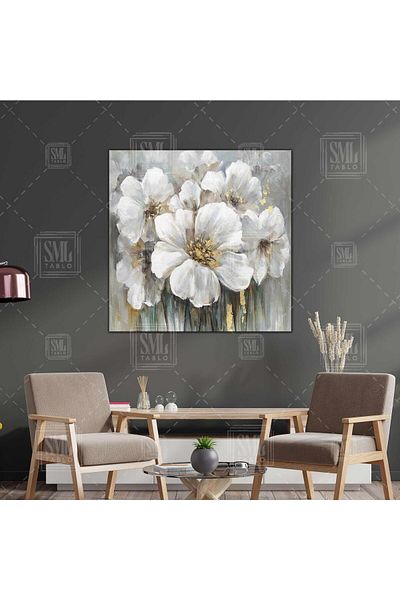 SML TABLO Efect de pictură în ulei, floare albă aurie, decorare modernă, pictură pătrată pe pânză
