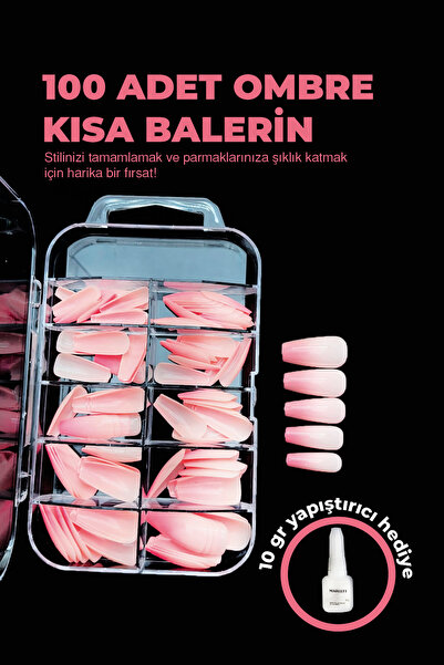 Nera Classy Ombre Kısa Balerin, 100'lü Takma Tırnak Kısa Balerin, 10gr Sıvı Y...