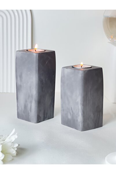 LALEZEN HOME Uzun Blok 2li tealight mumluk ahşap görünümlü