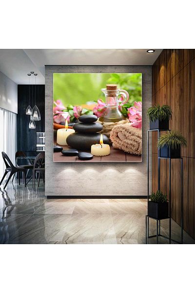SML TABLO Zen Stones Pink Flower Candles Αρωματικό λάδι Πετσέτα Σπα και Κέντρο Μασάζ Τετράγωνος πίνακας σε καμβά