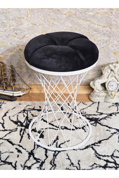 ZAFİR Yuvarlak Beyaz Boyalı Siyah Puf Oturak - Bench - Ayak Ucu Oturak - Tabu...