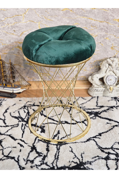 ZAFİR Yuvarlak Gold Kaplama Yeşil Puf Oturak - Bench - Ayak Ucu Oturak - Tabu...
