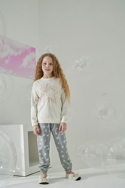 Sevim Winter Girl's Pajama Set - Thin Velvet, Ecru-Grey, Elastic Leg