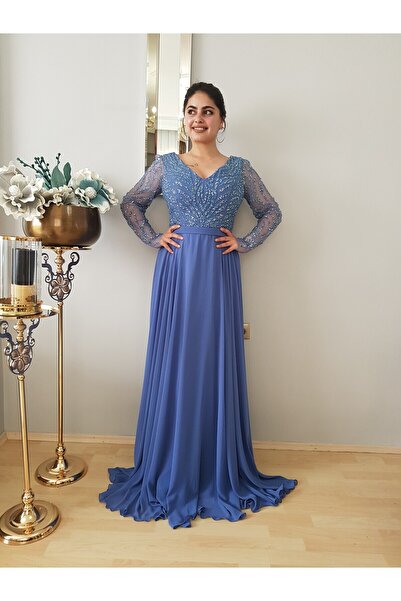 FERGAN KADIN MAVİ UZUN KOL PUL PATETLİ ŞİFON ABİYE ELBİSE