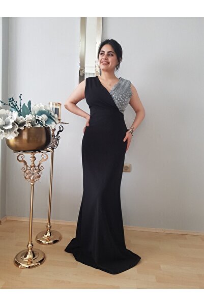 FERGAN فستان سهرة نسائي أسود بياقة سمكة مزدوجة الصدر مقاس كبير