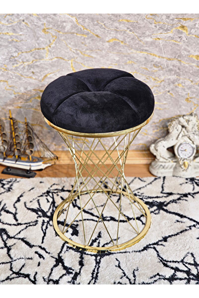 ZAFİR Yuvarlak Gold Kaplama Siyah Puf Oturak - Bench - Ayak Ucu Oturak - Tabu...