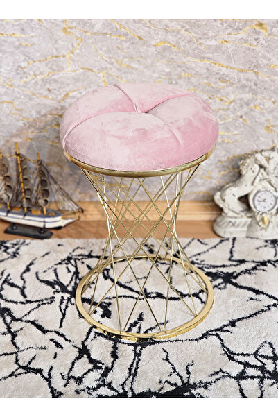 ZAFİR Yuvarlak Gold Kaplama Pembe Puf Oturak - Bench - Ayak Ucu Oturak - Tabu...