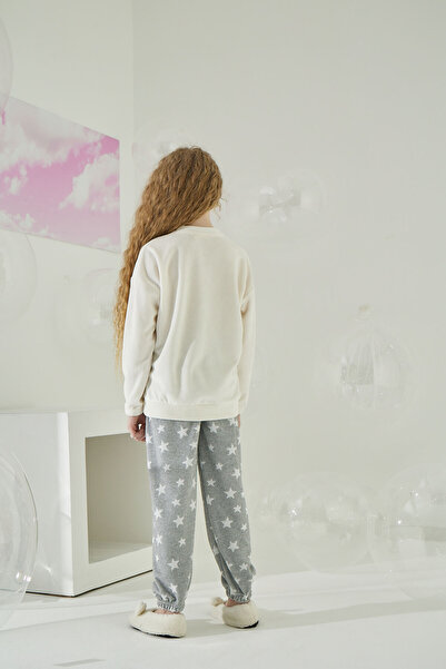 Sevim Winter Girl's Pajama Set - Thin Velvet, Ecru-Grey, Elastic Leg