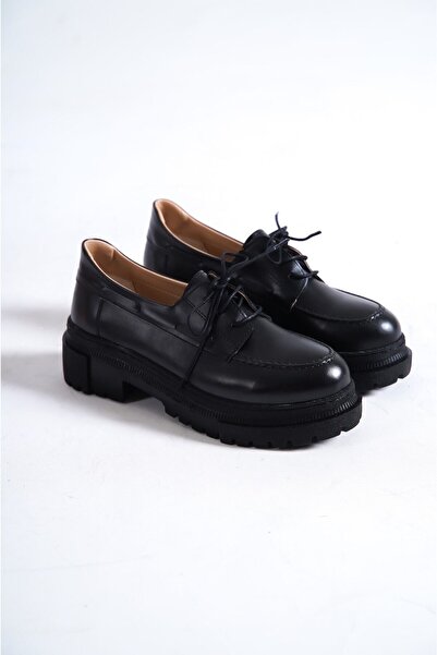 Siwera Kadın Siyah Yüksek Taban Bağcıklı Deri Loafer