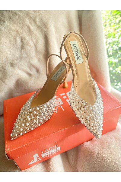 LADİESHOE İnci Taş Lazer Baskılı Topuklu Prenses Ayakkabı