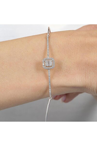 Mia Vento Pırlanta Montür Minimal Kare Baget Gümüş Kelepçe Bilezik