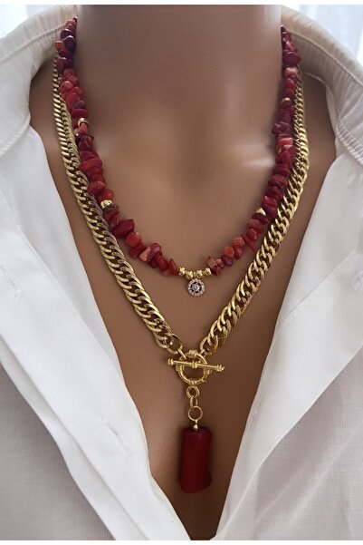TARZ-I TAKI İKİ KOLYE Doğal Taş Kırmızı Gerçek Mercan Taşı Ve Çelik Zincir Mercan Taş Kolye Ucu Kadın Kolye