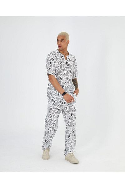 NOUCAMP Linen Shirt Set Top and Bottom Pocket Patterned