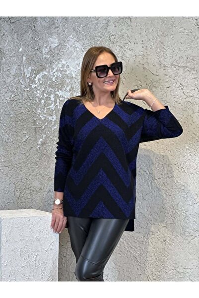 Dali Giyim Kadın Zikzak Desenli Simli V Yaka Triko Bluz