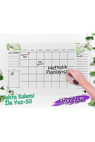 ÇağHan Dekorasyon 35x22 Haftalık Duvar Planlayıcı Pleksi | Tahta Kalemi Ile Y...