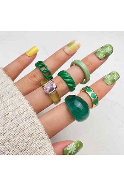 Girift Vintage طقم خاتم الحجر الأخضر من دريم 6 قطع