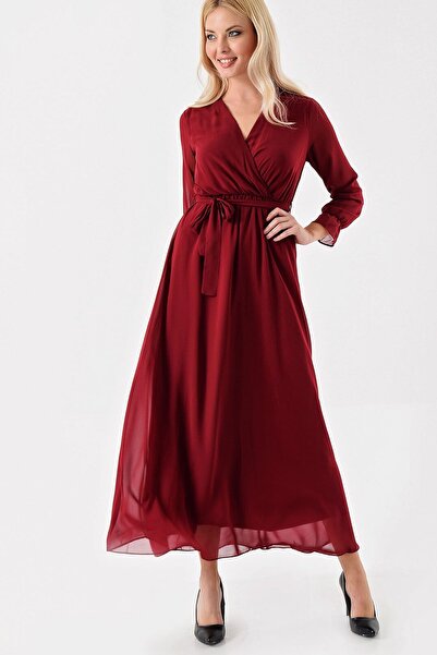 Elbise Delisi Women's Burgundy Long Double Breasted Collar Chiffon Dress