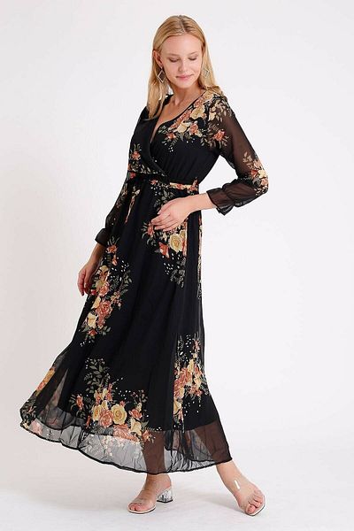 Elbise Delisi Wrapped Yellow Floral Double-breasted Chiffon Dress