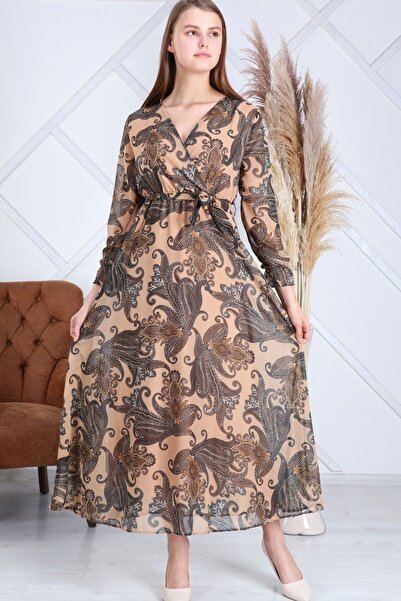 Elbise Delisi Women's Ethnic Cream Color Ethnic Pattern Double Breasted Collar Plus Size Chiffon Dress