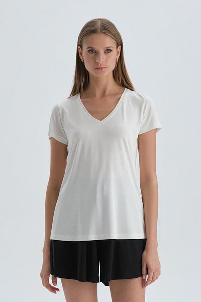 Dagi Ecru Modal Unprinted T-shirt με λαιμόκοψη