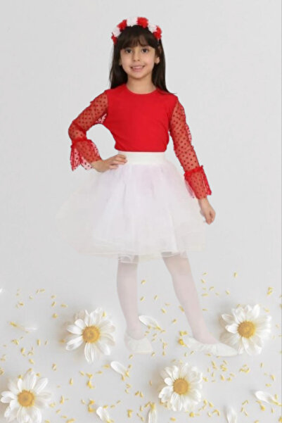 Nacar Kız Çocuk 23 Nisan Kıyafeti Kostüm Tütü Etek Dantelli Bluz Kırmızı Takım 024