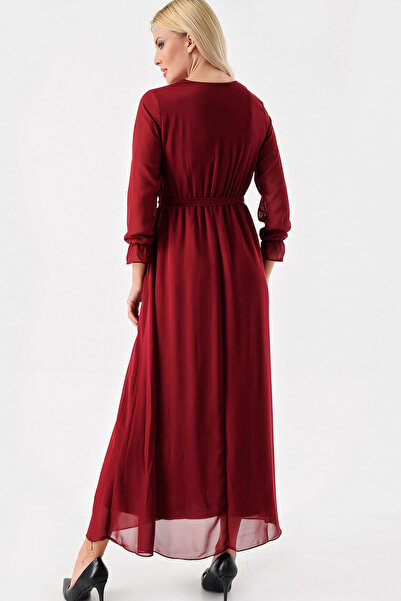 Elbise Delisi Burgundy Long Double Breasted Collar Wrap Chiffon Dress