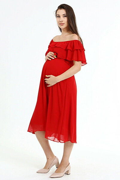 Elbise Delisi Kırmızı Madonna Fırfır Yaka Büyük Beden Şifon Hamile Elbisesi