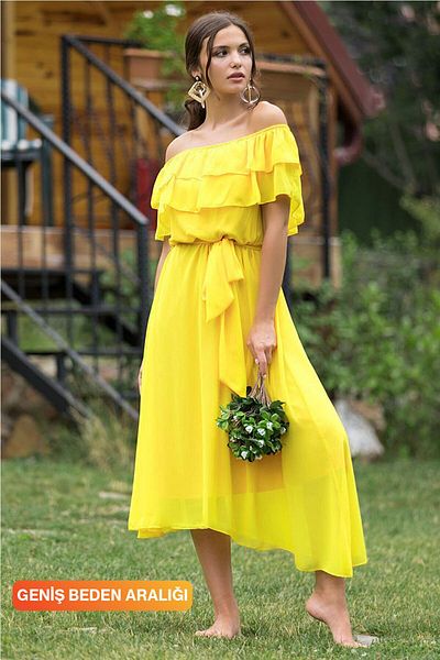 Elbise Delisi Madonna Ruffle Collar Yellow Plus Size Chiffon Dress