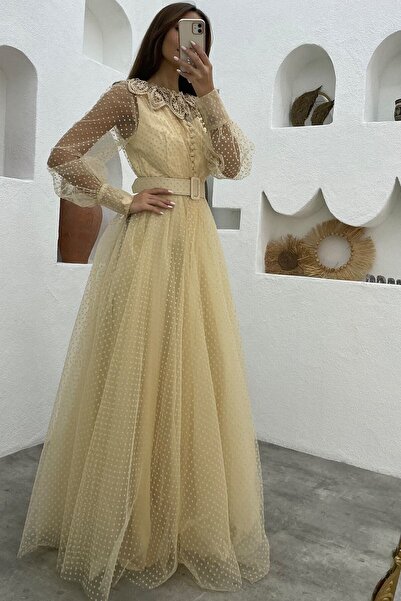 Elbise Delisi Kadın Krem Puantiye Tül Kemerli Yaka Detay Abiye Elbise