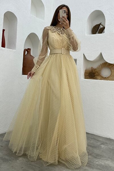 Elbise Delisi Kadın Krem Puantiye Tül Kemerli Yaka Detay Abiye Elbise